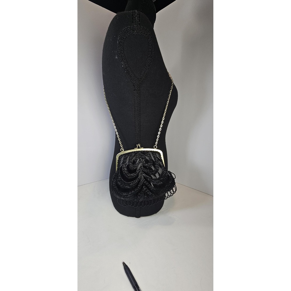 Vintage Fine Arts Bag Black‎ Beaded Evening Purse Gold Frame Chain Strap